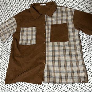 Corduroy Contrast Plaid Button Front Blouse